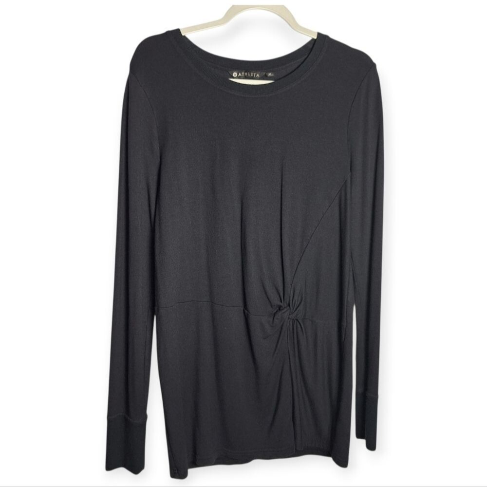 Athleta Black Tunic Top Sweater Long Sleeve Knot Tie Pullover Medium Womens